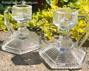 Vintage Pair of Clear Ribbed Glass Candlestick Holders