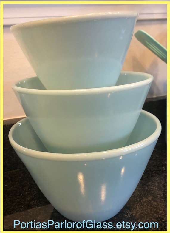 Vintage “turquoise Blue” (delphite) Glass Splash Proof Bowl Set by