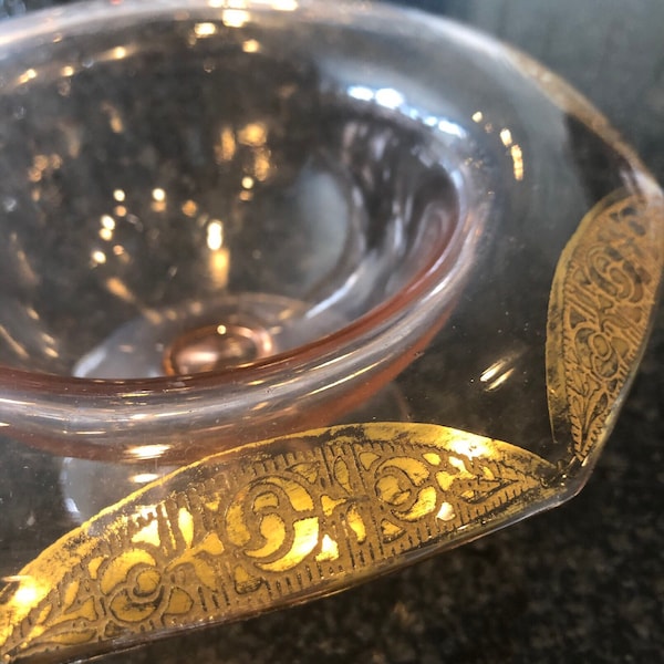 1930s Tiffin Glass Gold Encrusted Pink Pedestal Rolled Edge Bowl