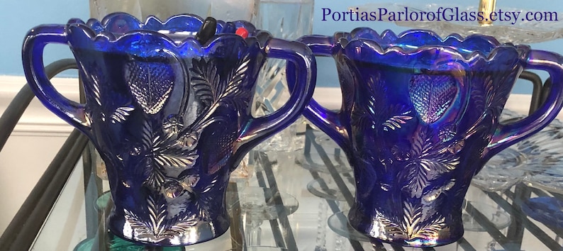 1920/30 Cobalt Blue Carnival Glass “Inverted Strawberry” Celery Vase image 1