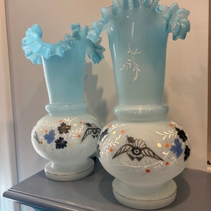 Pair (2) 13” Tall  Victorian Bristol Glass Mantle Vases