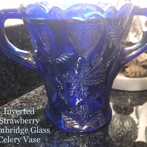 1920/30 Cobalt Blue Carnival Glass “Inverted Strawberry” Celery Vase image 8