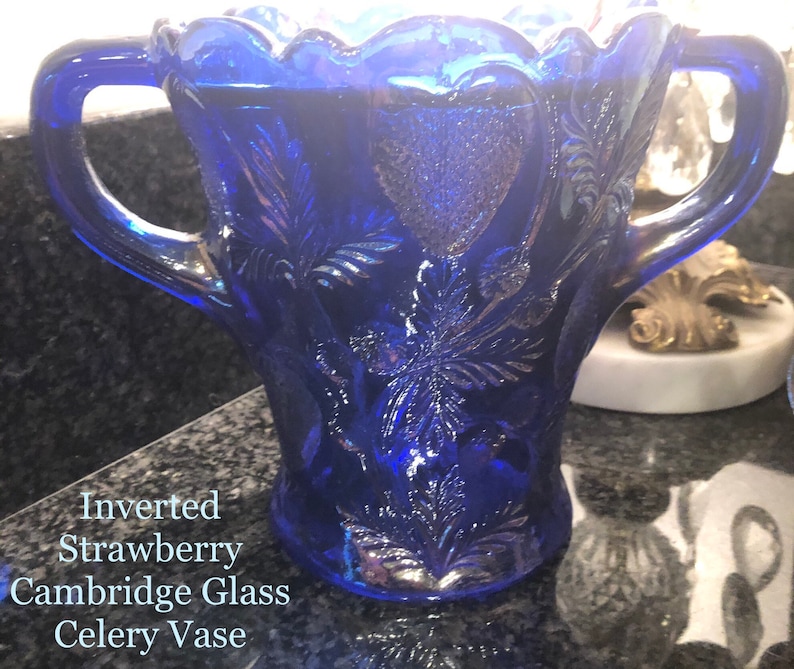 1920/30 Cobalt Blue Carnival Glass “Inverted Strawberry” Celery Vase image 8