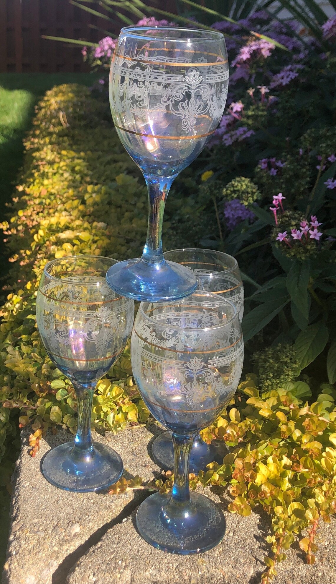 Four Vintage Blue Iridescent Wine Glasses With Gold & White Etsy