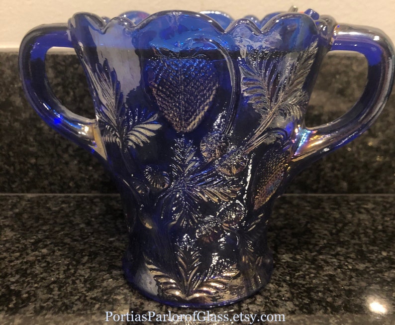 1920/30 Cobalt Blue Carnival Glass “Inverted Strawberry” Celery Vase image 6