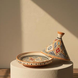 Peut inclure: Un tajine en céramique, un plat de cuisson traditionnel d'Afrique du Nord, avec un couvercle conique et une base ronde. Le tajine présente un motif géométrique rouge, bleu et or. Le tajine est exposé sur un piédestal blanc.