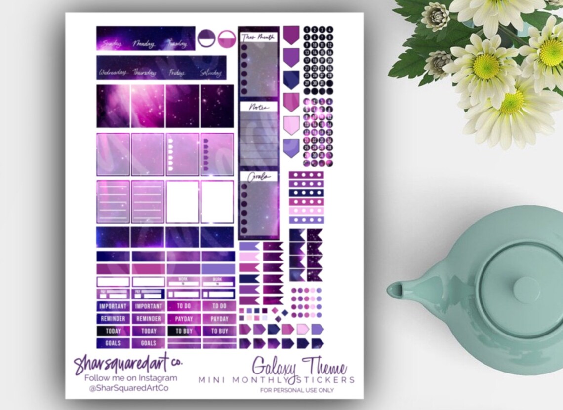 Printable Monthly Mini HP Kit, Mini Happy Planner Stickers, Galaxy ...
