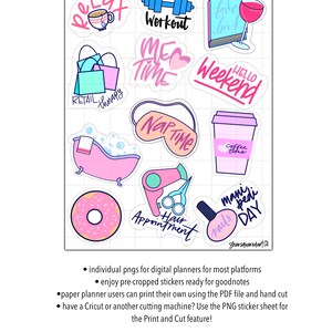 Puede incluir: Un conjunto de 12 pegatinas digitales para planificadores que presentan varias actividades y frases, incluyendo "Retail Therapy", "Me Time", "Nap Time", "Coffee Time", "Hello Weekend", "Workout", "Hair Appointment", "Mani Pedi Day", y "Fav Book". Las pegatinas son de estilo de dibujos animados con colores rosa, azul y morado.