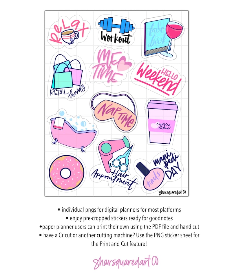 Puede incluir: Un conjunto de 12 pegatinas digitales para planificadores que presentan varias actividades y frases, incluyendo "Retail Therapy", "Me Time", "Nap Time", "Coffee Time", "Hello Weekend", "Workout", "Hair Appointment", "Mani Pedi Day", y "Fav Book". Las pegatinas son de estilo de dibujos animados con colores rosa, azul y morado.