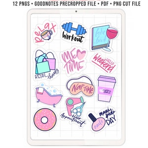 Puede incluir: Un conjunto de 12 pegatinas digitales para planificadores con diversas actividades y frases, que incluyen "Relax", "Workout", "Me Time", "Retail Therapy", "Nap Time", "Hair Appointment", "Mani Pedi Day", "Hello Weekend", "Love Book", "Coffee Time" y una dona. Las pegatinas son de varios colores y estilos, y son perfectas para agregar un toque de personalidad a tu planificador digital.
