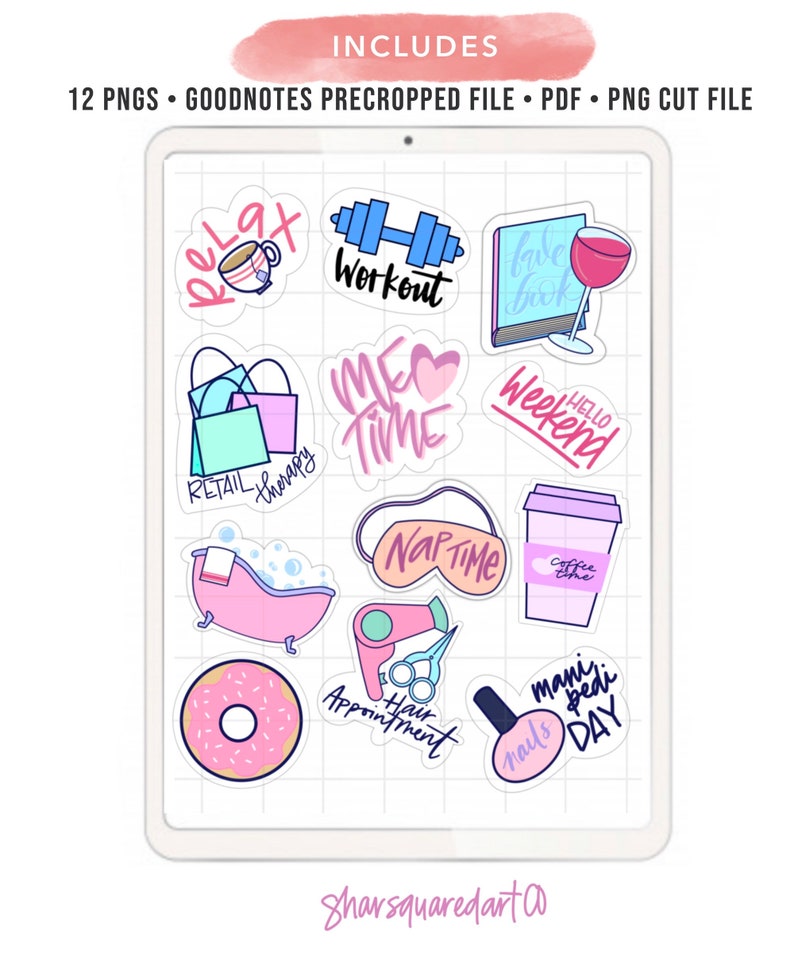 Puede incluir: Un conjunto de 12 pegatinas digitales para planificadores con diversas actividades y frases, que incluyen "Relax", "Workout", "Me Time", "Retail Therapy", "Nap Time", "Hair Appointment", "Mani Pedi Day", "Hello Weekend", "Love Book", "Coffee Time" y una dona. Las pegatinas son de varios colores y estilos, y son perfectas para agregar un toque de personalidad a tu planificador digital.