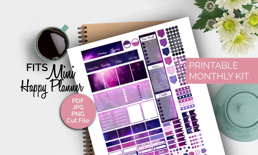 Printable Monthly Mini HP Kit, Mini Happy Planner Stickers, Galaxy ...