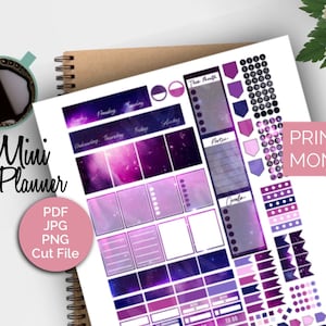Printable Monthly Mini HP Kit, Mini Happy Planner stickers, Galaxy theme monthly stickers