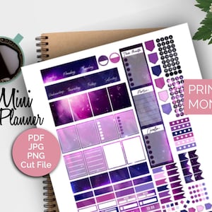 May include: A printable monthly kit for a mini Happy Planner, featuring a galaxy theme in shades of purple and pink. Includes stickers, labels, and daily/weekly layouts. The text on the image says "FITS Mini Happy Planner" and "Printable Monthly Kit".