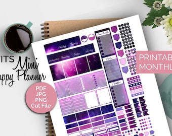 Kit de pegatinas mensuales para agendas, imprimibles con temática de galaxia (PDF, JPG, PNG)