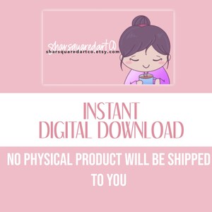 Puede incluir: Ilustraci&oacute;n digital descargable de un personaje de dibujos animados con cabello morado, vistiendo un su&eacute;ter rosa, sosteniendo una taza azul con una bebida humeante. El texto "INSTANT DIGITAL DOWNLOAD" y "NO PHYSICAL PRODUCT WILL BE SHIPPED TO YOU" est&aacute; debajo de la imagen.