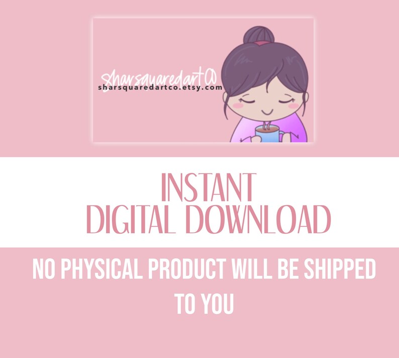 Puede incluir: Ilustraci&oacute;n digital descargable de un personaje de dibujos animados con cabello morado, vistiendo un su&eacute;ter rosa, sosteniendo una taza azul con una bebida humeante. El texto "INSTANT DIGITAL DOWNLOAD" y "NO PHYSICAL PRODUCT WILL BE SHIPPED TO YOU" est&aacute; debajo de la imagen.