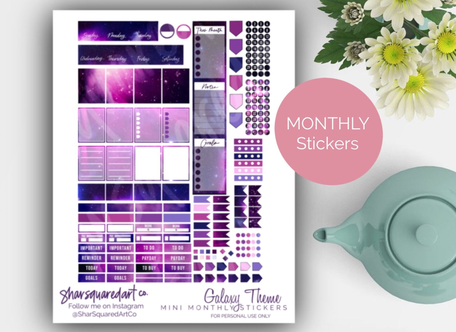 Printable Monthly Mini HP Kit, Mini Happy Planner Stickers, Galaxy ...