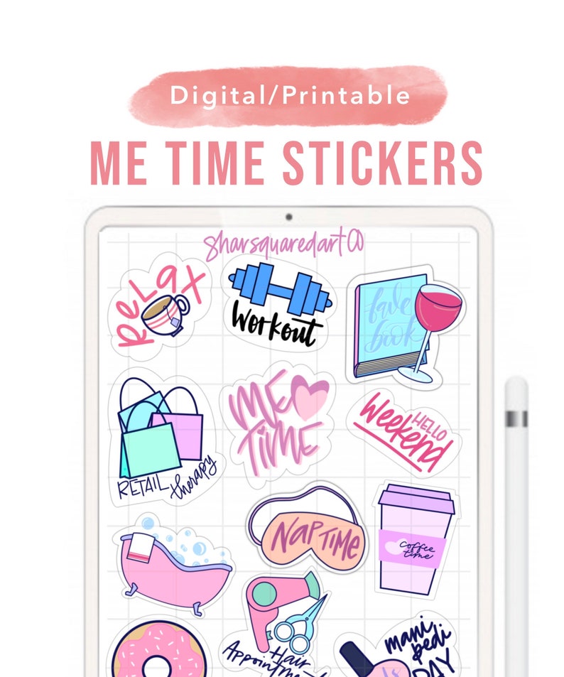 Puede incluir: Una hoja digital de pegatinas imprimibles que muestran diversas actividades para el cuidado personal, como relajarse con una taza de t&eacute;, hacer ejercicio, leer un libro, ir de compras, tomar una siesta, tomar caf&eacute;, tomar un ba&ntilde;o, hacerse la manicura y cortarse el pelo. Las pegatinas son de varios colores y presentan ilustraciones bonitas.