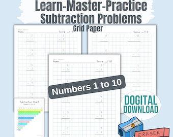 Printable Subtraction Chart & Worksheets Bundle - Kindergarten and 1st Grade Math - Math Practice - Set of 5 Files