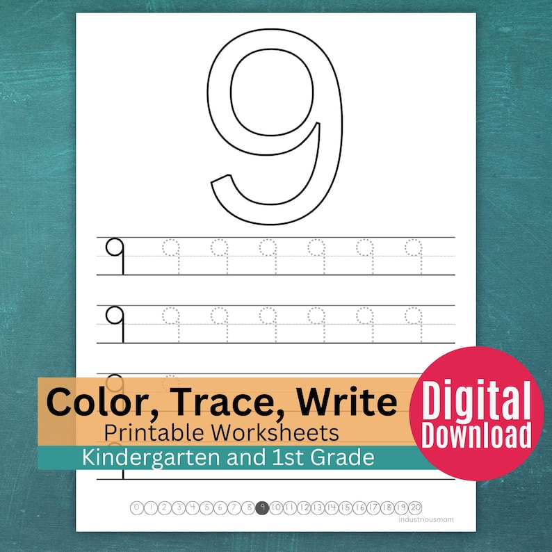 Number 9 tracing worksheet printable for early learners practicing handwriting.