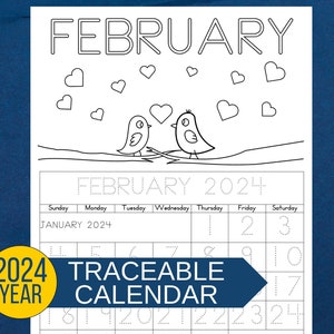 February 2024 calendar page with easy-to-trace numbers and letters. Perfect for fine motor skill development.