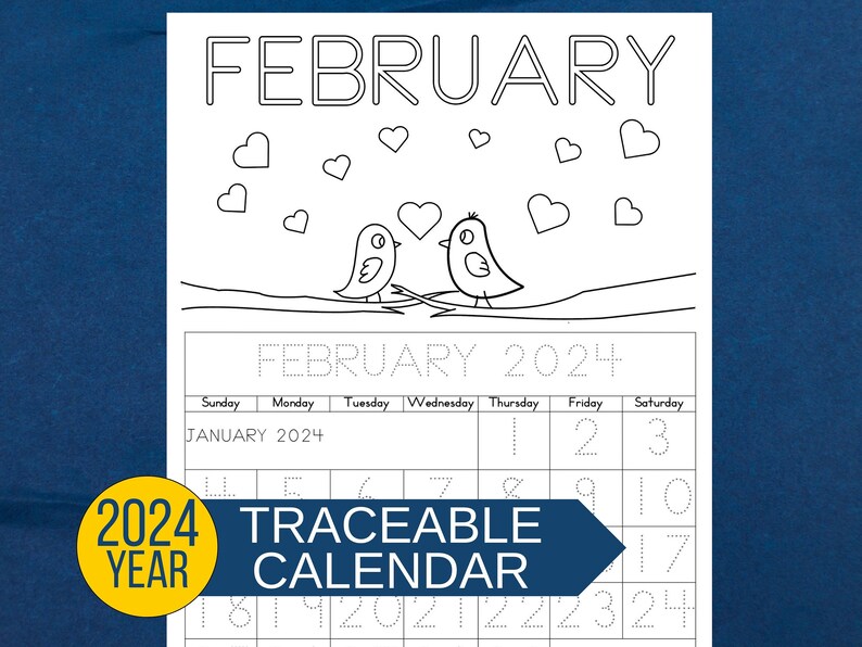 February 2024 calendar page with easy-to-trace numbers and letters. Perfect for fine motor skill development.