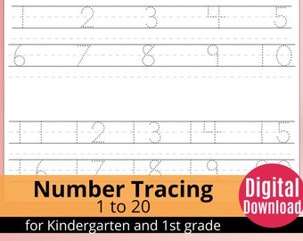 Number Tracing Worksheets - Traceable Numbers - Numbers 1-20 Worksheet -Preschool - Homeschooling - Number Writing - Block Letters