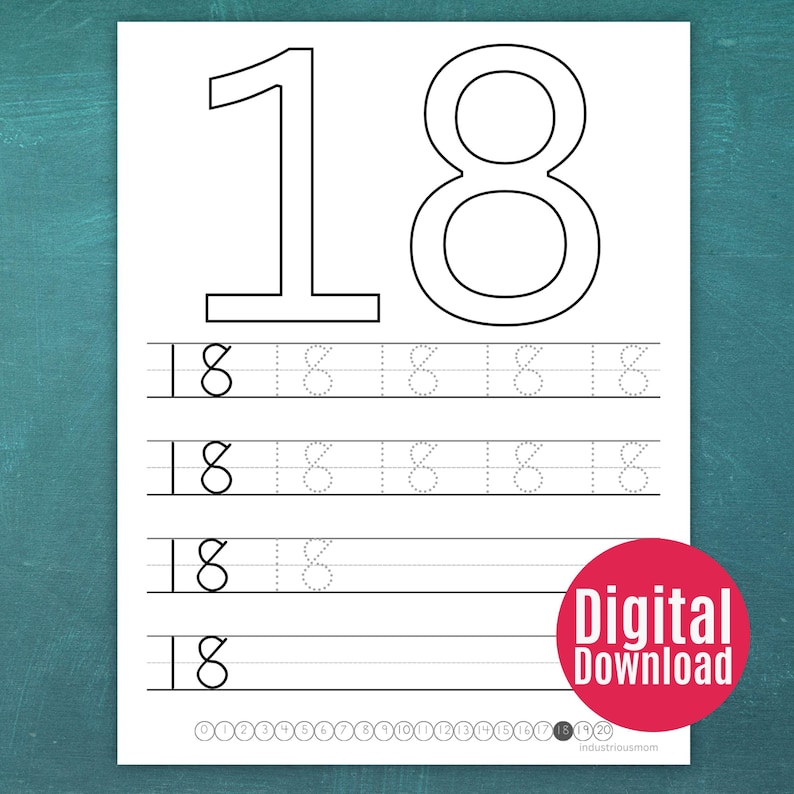 Printable number tracing worksheet for number 18 for kindergarten handwriting.