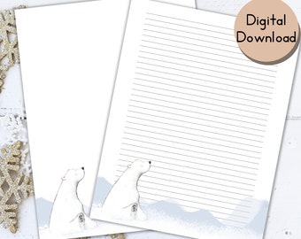 Winter Stationery Printable Writing Paper Polar Bear| Lined paper | Scrapbooking | Stationery Letter | Lined & Unlined Paper | Letter A4