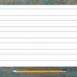 May include: A blank white sheet of paper with lined writing paper, a yellow pencil is lying on a blue wooden surface.