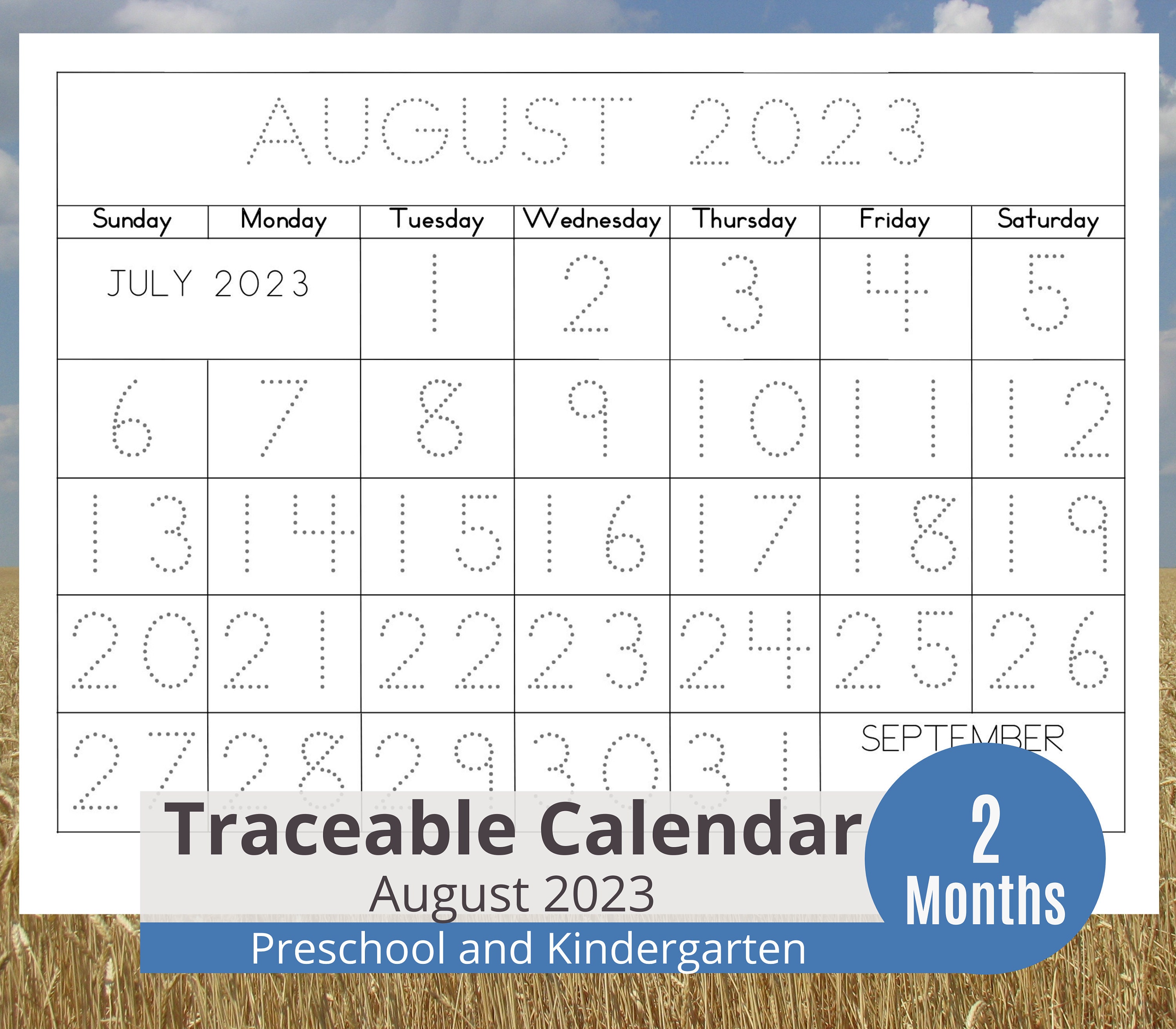 July 2023 and August 2023 Tracing Calendar for Kids Printable - Etsy Canada