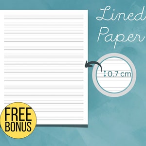 May include: A white sheet of lined paper with the text "Lined Paper" in black cursive writing. A close-up of the lines shows the spacing is 0.7 cm.