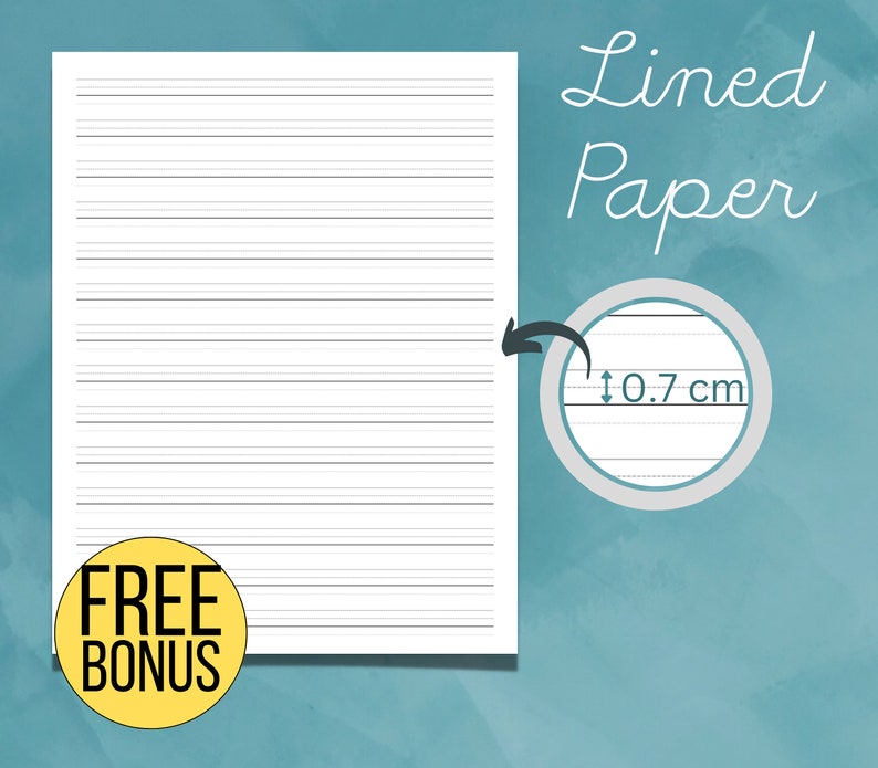 May include: A white sheet of lined paper with the text "Lined Paper" in black cursive writing. A close-up of the lines shows the spacing is 0.7 cm.