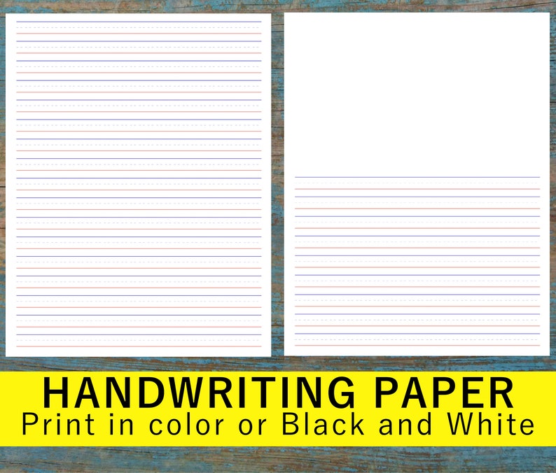 Two vertical pages of lined paper for handwriting practice. One page has an empty space for drawing and lines (red and blue lines). The second page is filled with red and blue lines from top to the bottom.