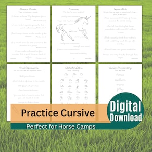 Printable horse-related cursive practice worksheets for kids.