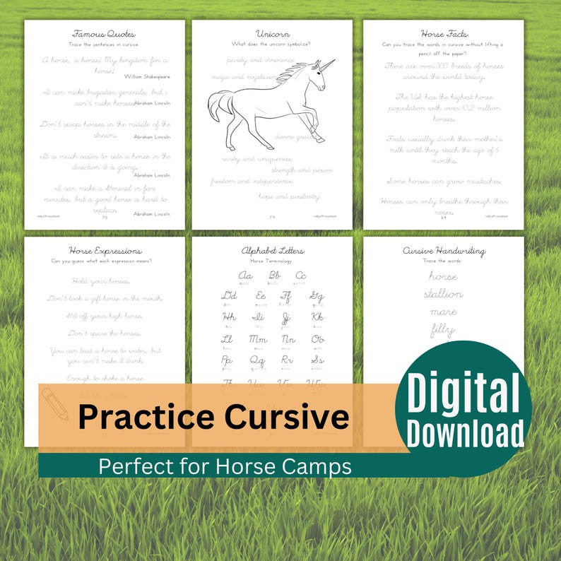 Printable horse-related cursive practice worksheets for kids.
