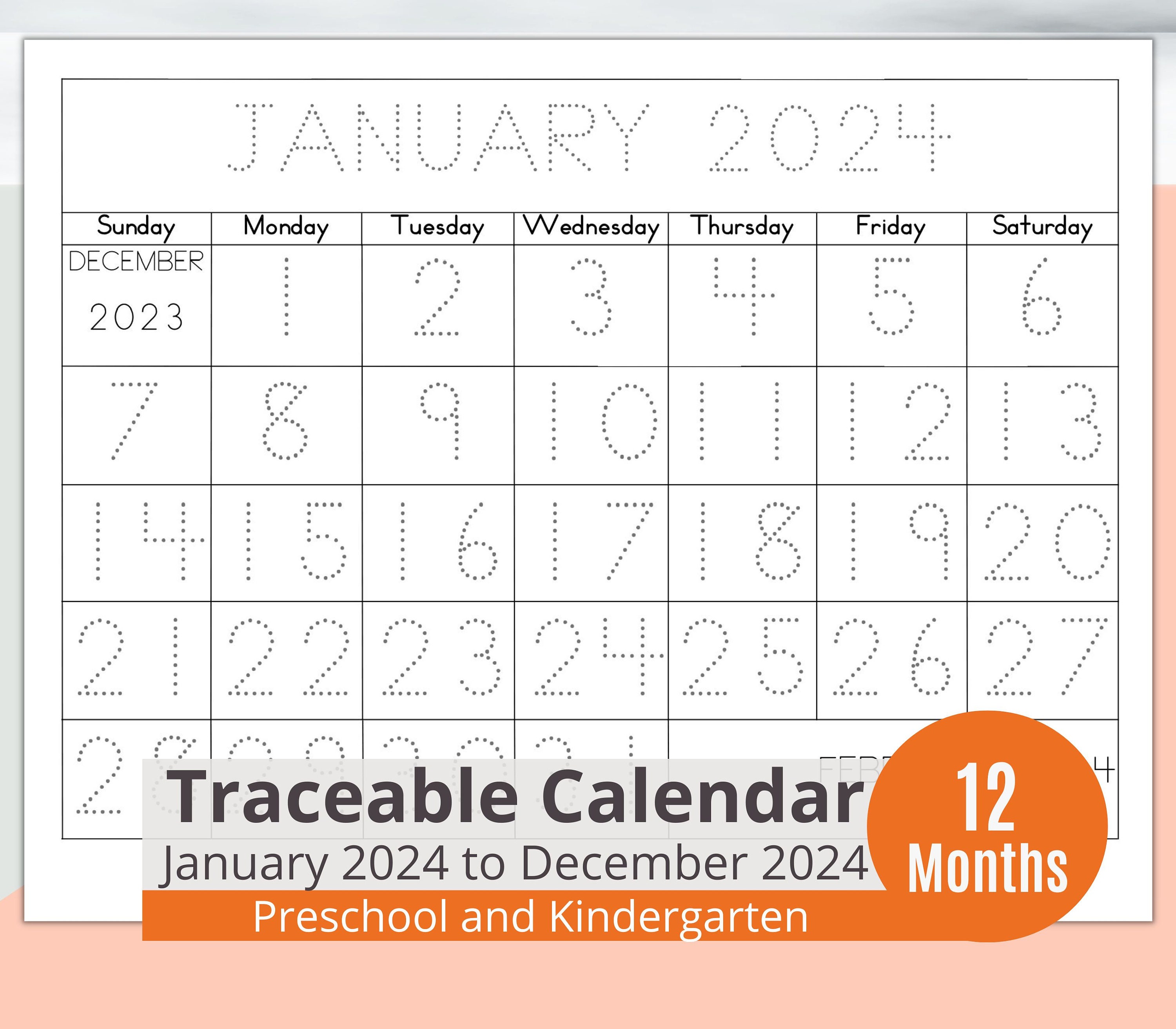 Printable Kids Monthly Calendar for 2024 With Dotted Numbers to Trace  Kindergarten and Pre-k - Etsy