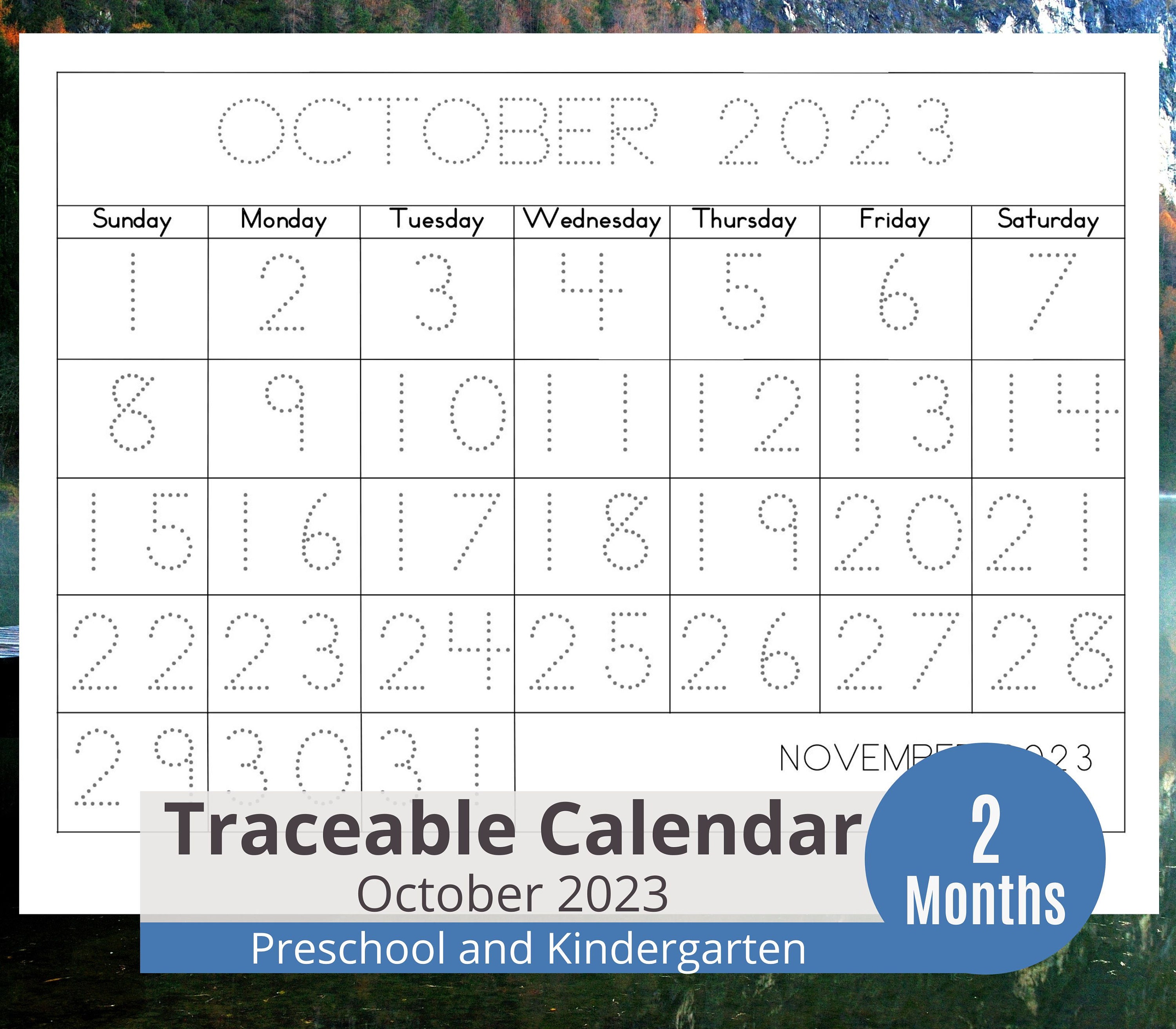 November 2023 and October 2023 Tracing Calendar for Kids Etsy