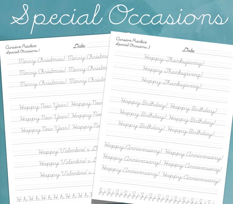 Workbook page for practicing cursive writing