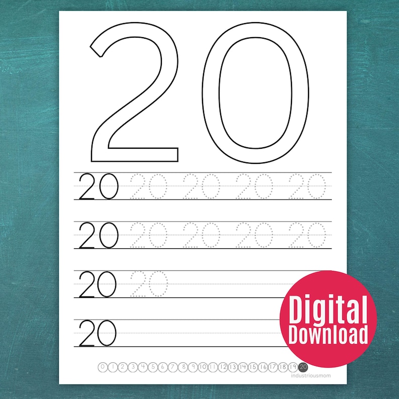 Number 20 tracing printable worksheet for handwriting practice in kindergarten and 1st grade.