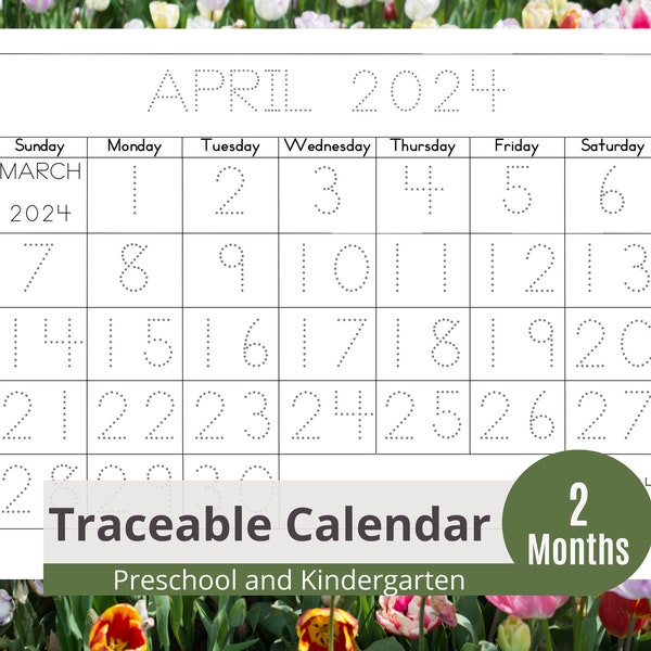 May 2024 and April 2024 Tracing Calendar for Kids- Printable -Learning to Write, Preschool Calendar, traceable numbers, tracing
