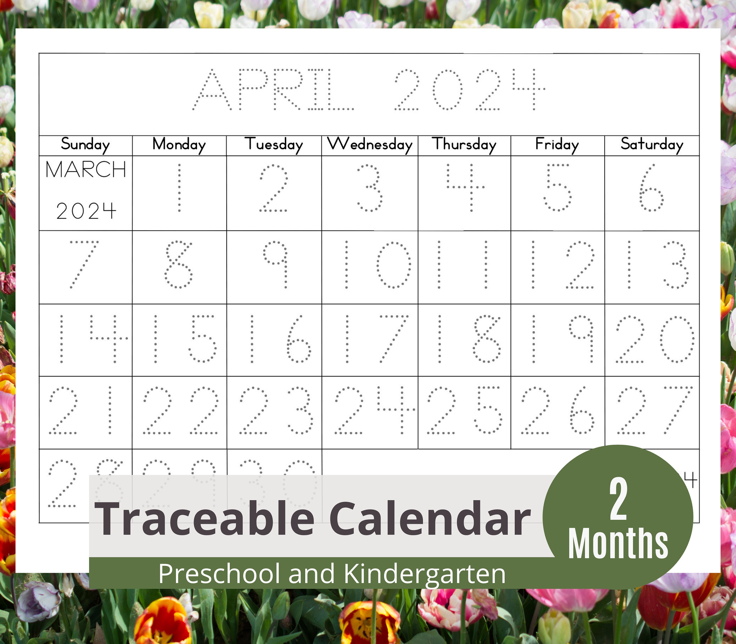 May 2024 and April 2024 Tracing Calendar for Kids Printable learning to