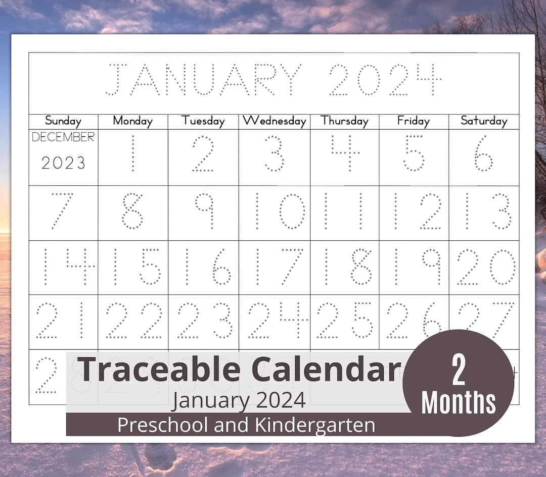 January 2024 and February 2024 Tracing Calendar for Kids Printable