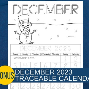 December 2023 calendar page with traceable numbers and letters. Enhances fine motor skills in children.