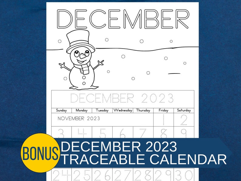 December 2023 calendar page with traceable numbers and letters. Enhances fine motor skills in children.