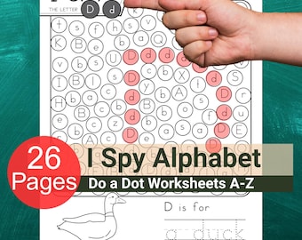 Ich spione Alphabet aus Dot Marker Worksheets - A-Z Finde die Buchstaben Aktivität PDF für Vorschule und Kindergarten | Machen Sie einen Punkt Printable