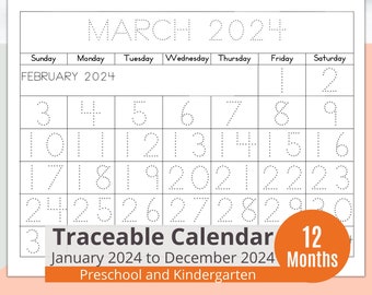 Printable Kids Monthly Calendar for 2024 with Dotted Numbers to Trace - Kindergarten and Pre-K