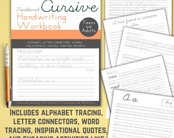 Cursive Handwriting Practice Workbook for Teens & Adults | Printable Cursive Writing Practice Worksheets | Cursive Alphabet Tracing