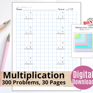 Multiplication Worksheet 30 Practice Sheets with Increasing Difficulty, 1 to 10 Multiplication Problems, Math drills, Download, Printable